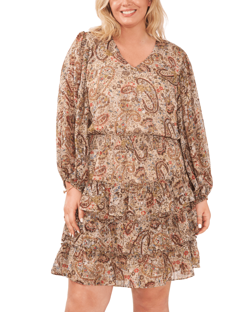 Front of a model wearing a size 1X Avery Balloon Sleeve Dress in FRENCH ROAST by Vince Camuto. | dia_product_style_image_id:261604